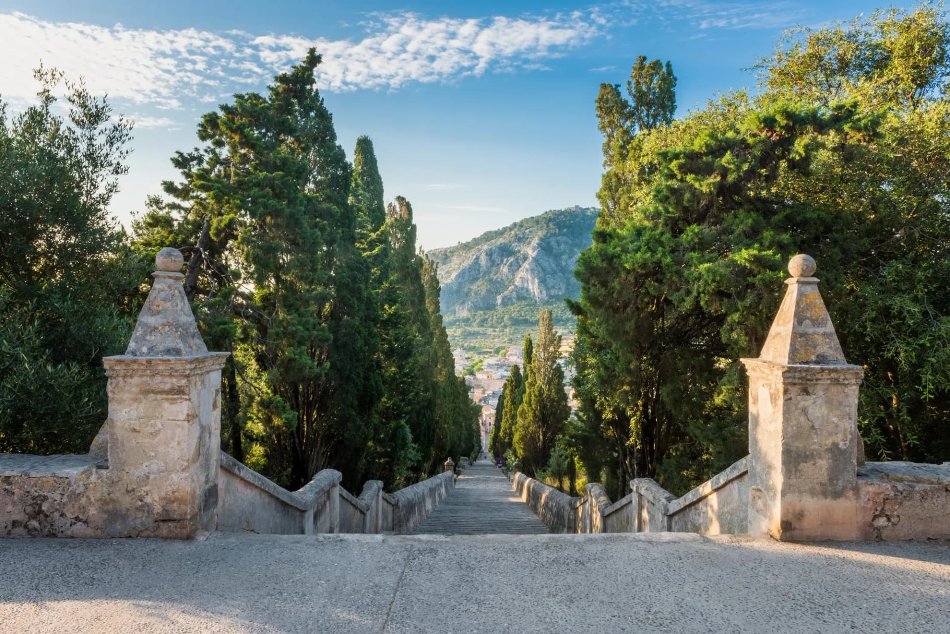 View from the top of the ancient stone 365-step Calvari Stairway in Pollenca, Mallorca, Balearic Islands, Spain.