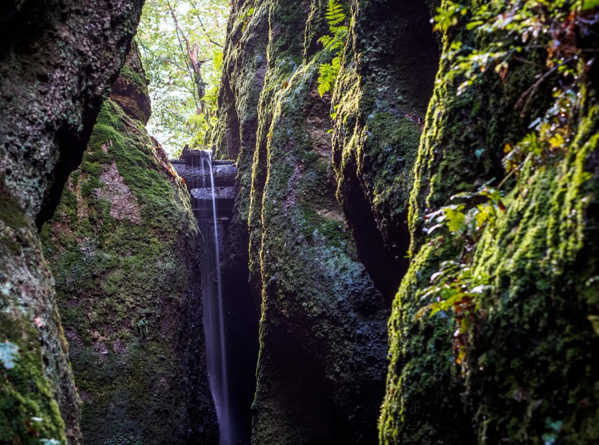 Waterfall at the end of the Dragon canyon near Wartburg in Germany