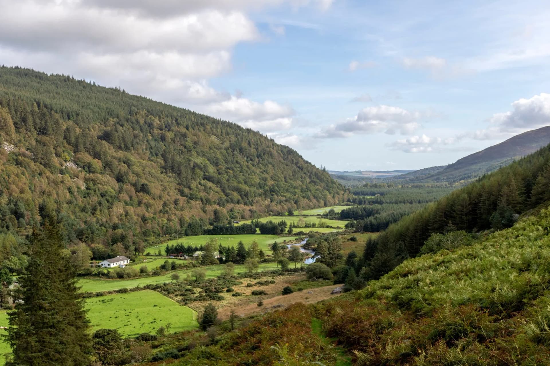 View of the valley of mountains. Glenmalure. Landscape of Ireland.