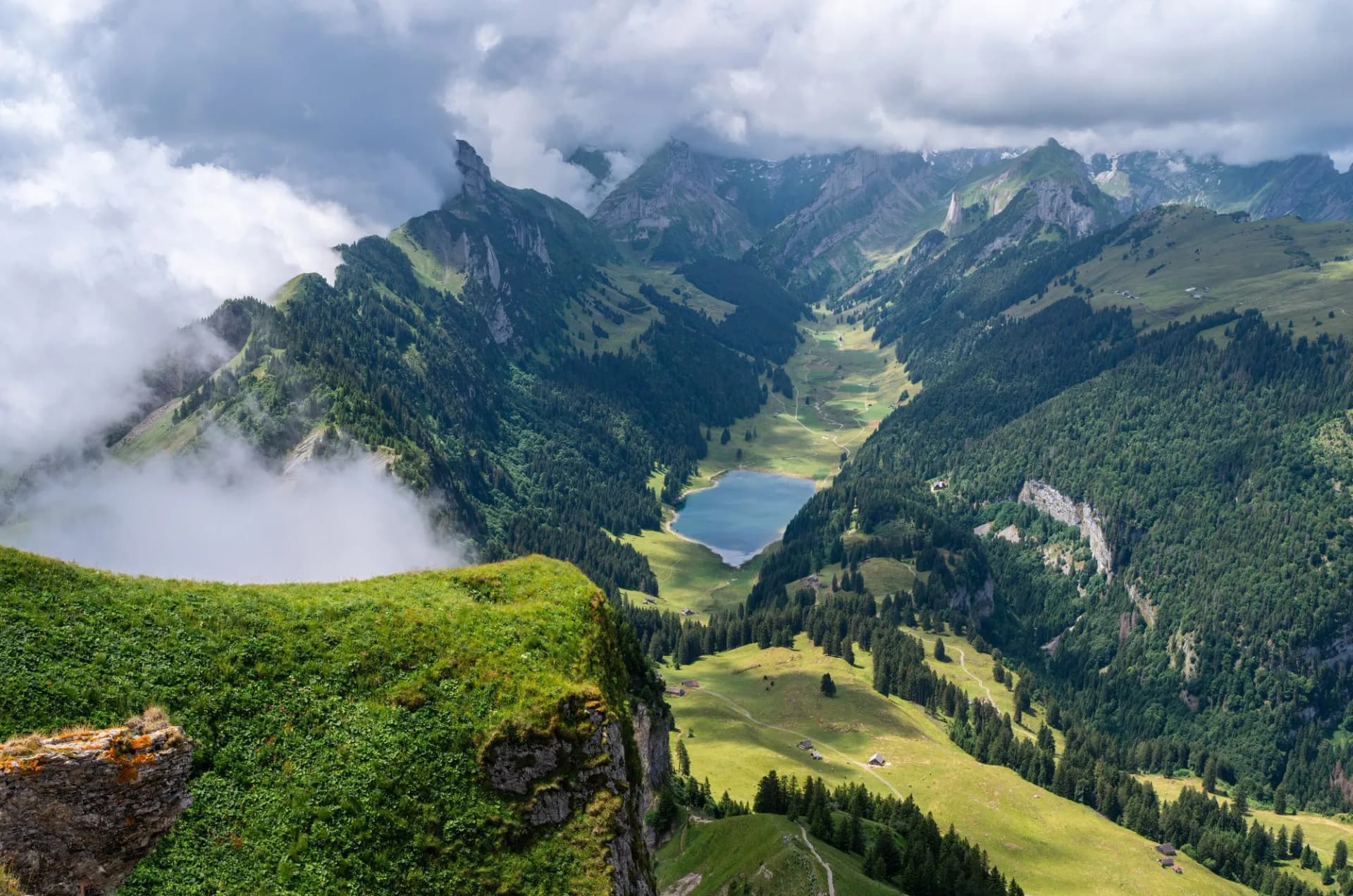 A view at the beautiful Swiss mountain landscape of Appenzell with Samtisersee, view from the peak of Hoher Kasten