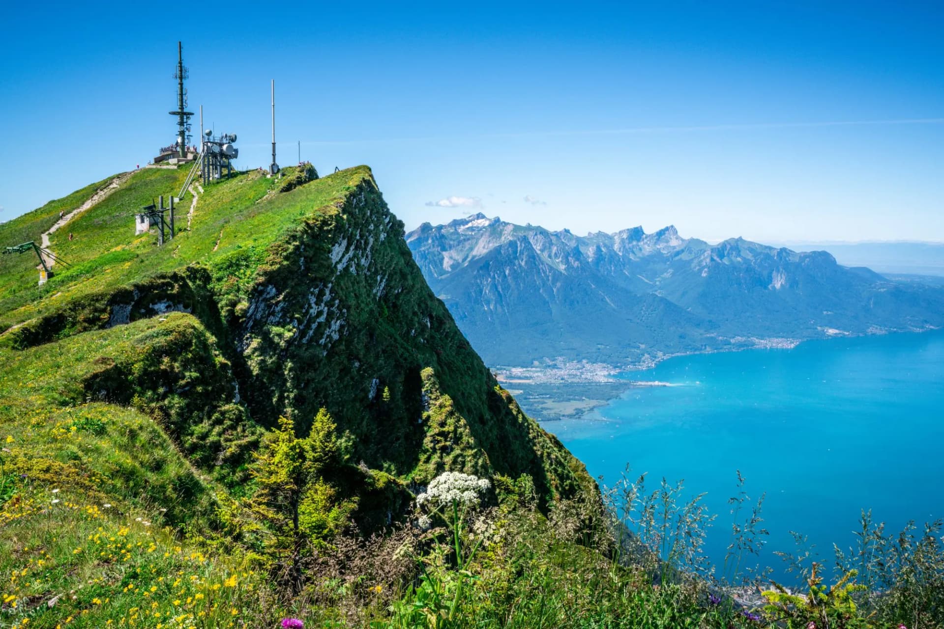 Rochers-de-Naye or rocks of Naye 2042m summit overlooking Geneva lake in Swiss Alps Switzerland