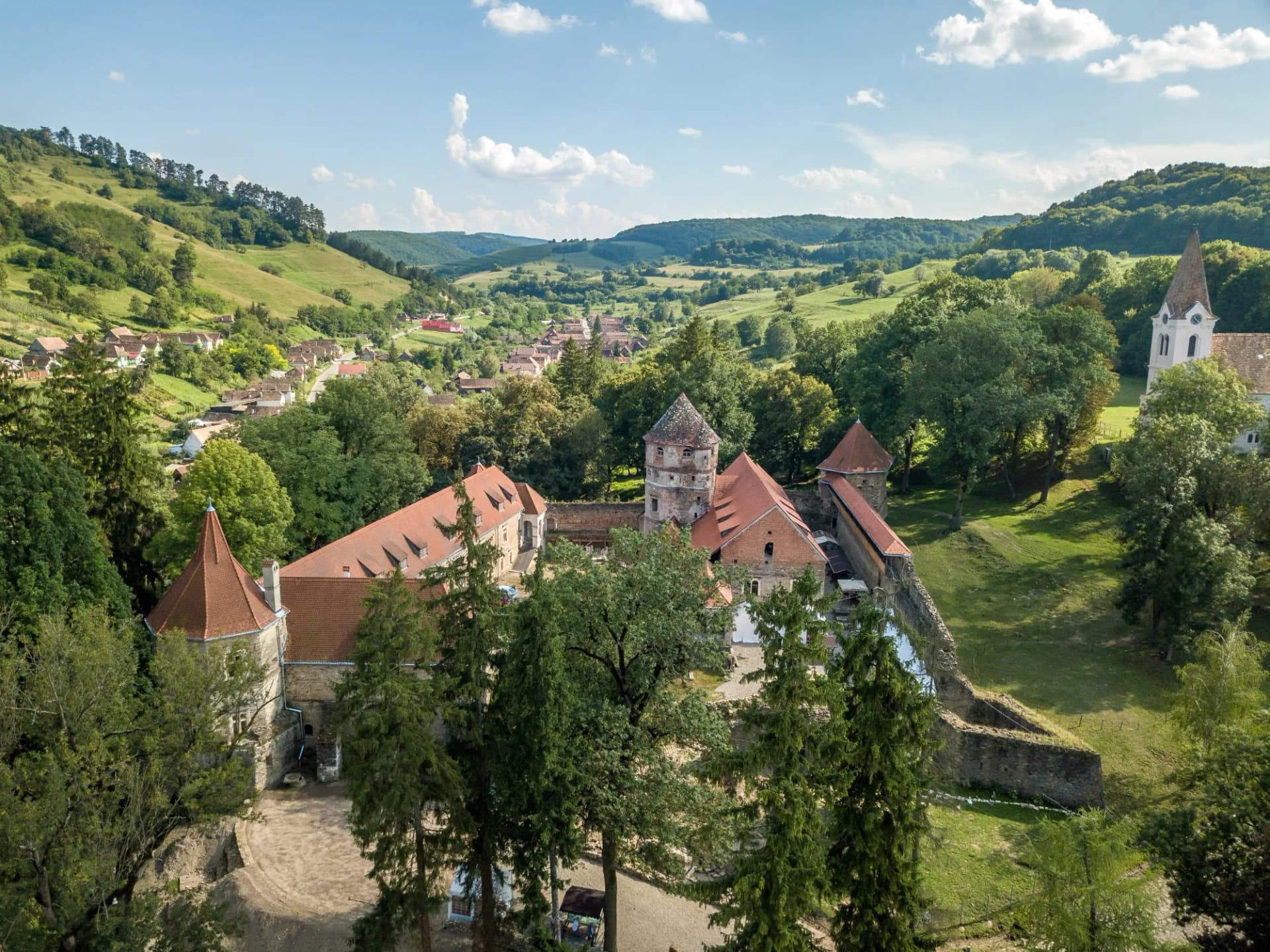 Aerial view of Cris Keresd Bethlen castle in Transylvania Romania