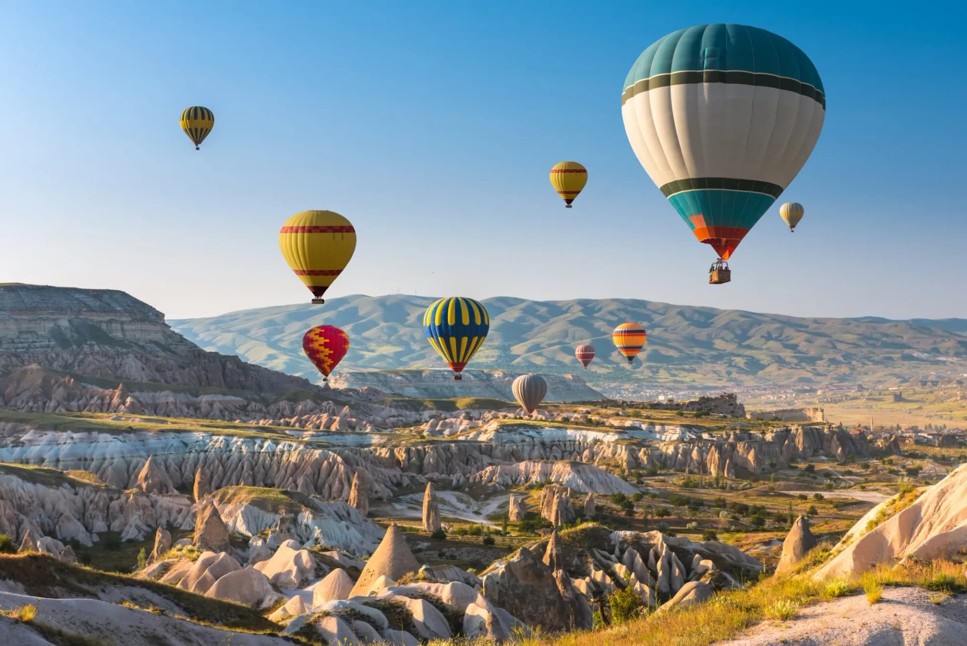 Hot air balloons flying over Cappadocia, Turkey