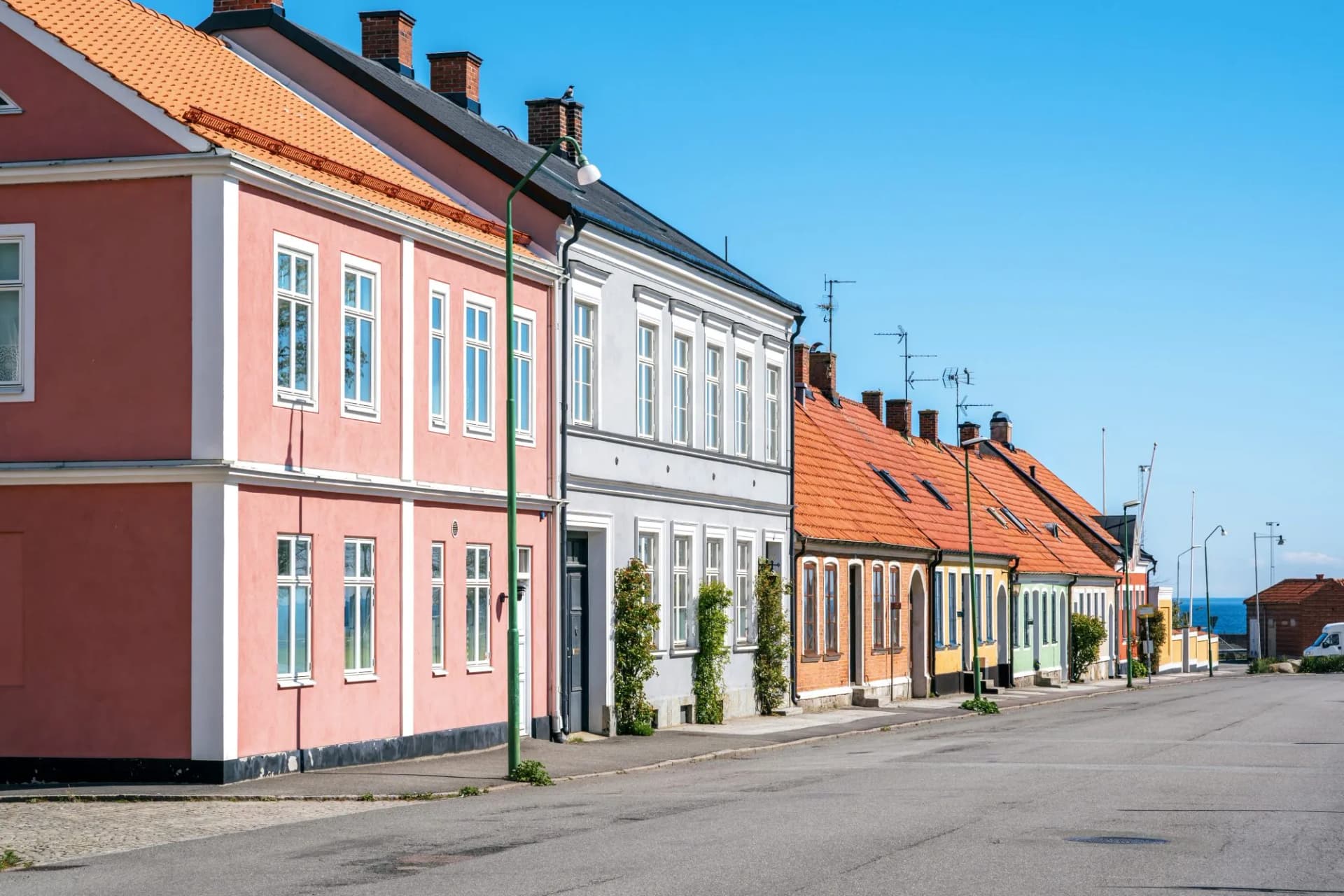 Empty streets of traditional old townhouses in Simrishamn, Southern Sweden.