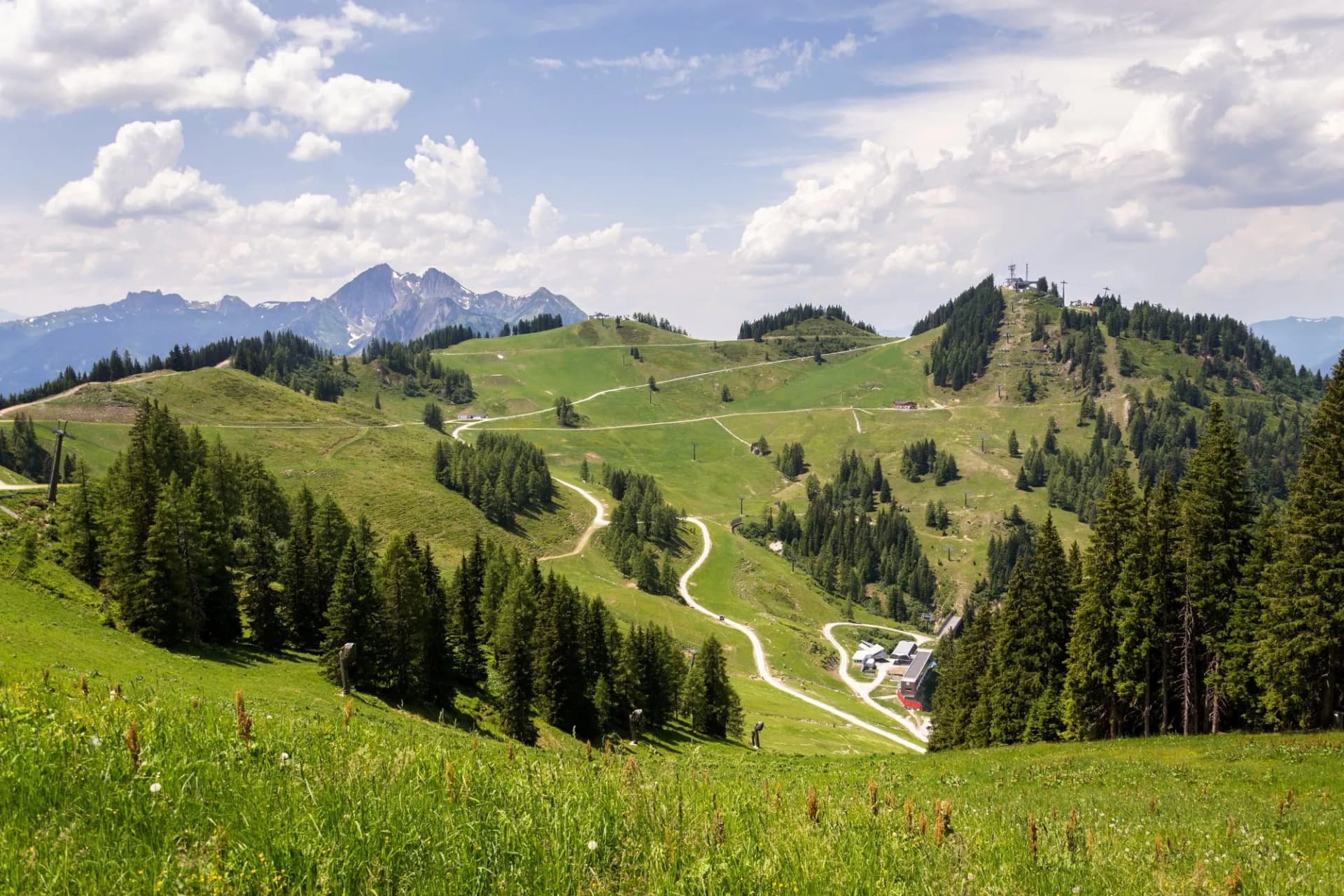 Cable car gondola on top of the Gernkogel Mountain from Sonntagskogel in Alps, Sankt Johann im Pongau district, Salzburg federal state, Austria, sunny summer day