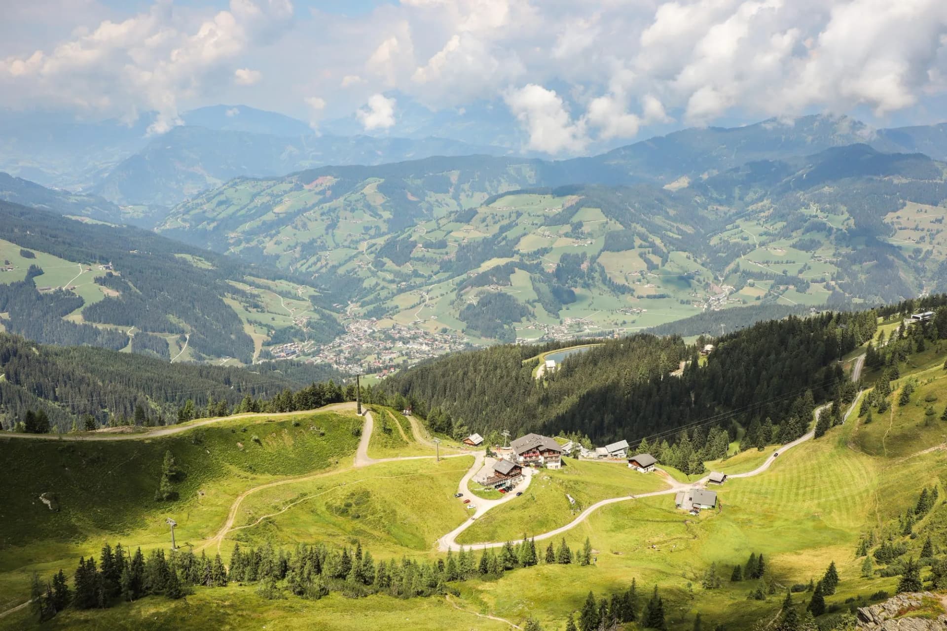 Picturesque Hilly Nature in Austria. Summer Landscape of Green Mountains in Flachau. European Outdoor Scene.