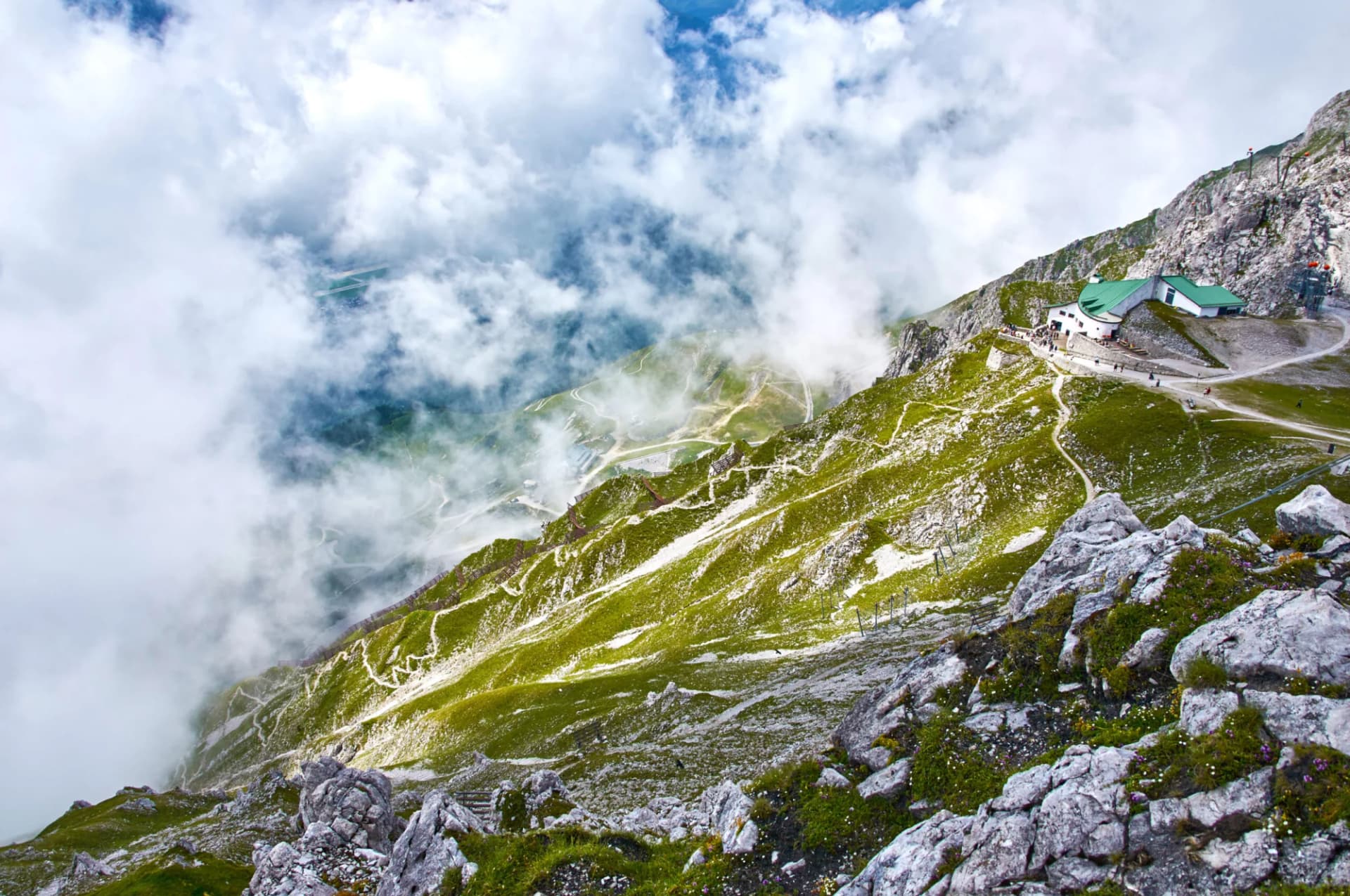 Mountain landscape with forest and blue sky in Austrian Alps.