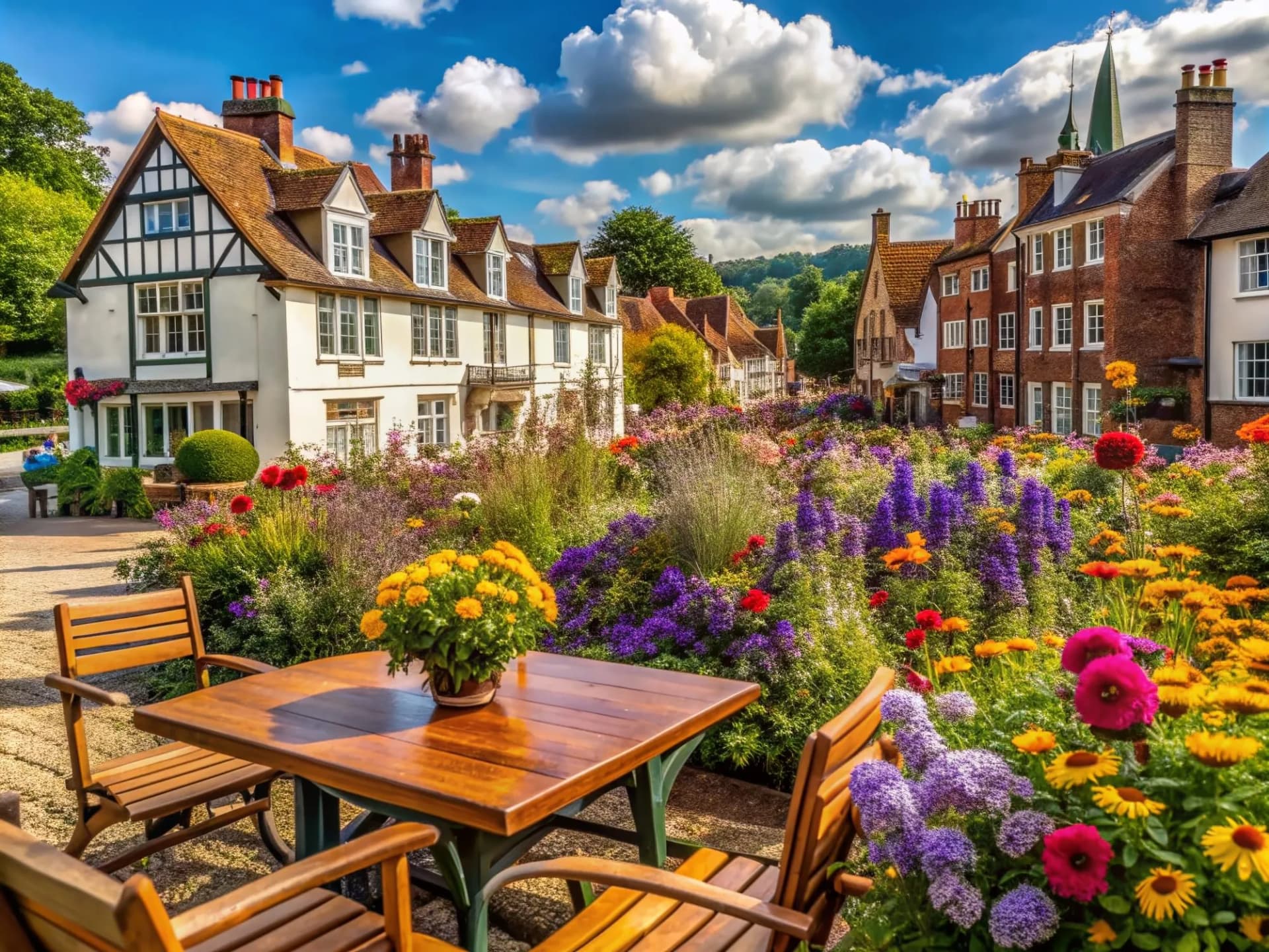Vibrant wildflowers bloom on outdoor coffee tables, nestled among historic houses, as urban biodiversity flourishes in charming Henley-on-Thames, capturing a serene atmosphere.