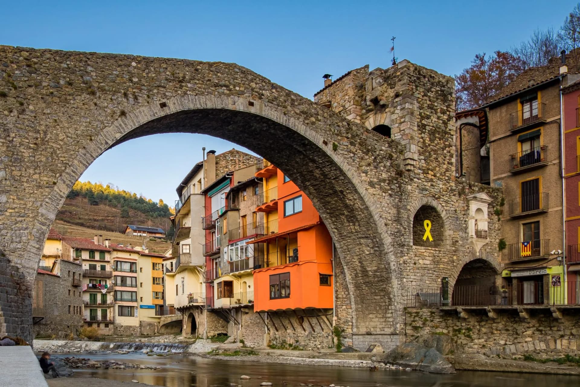 Medieval bridge in Camprodon town, Gerona, Spain.