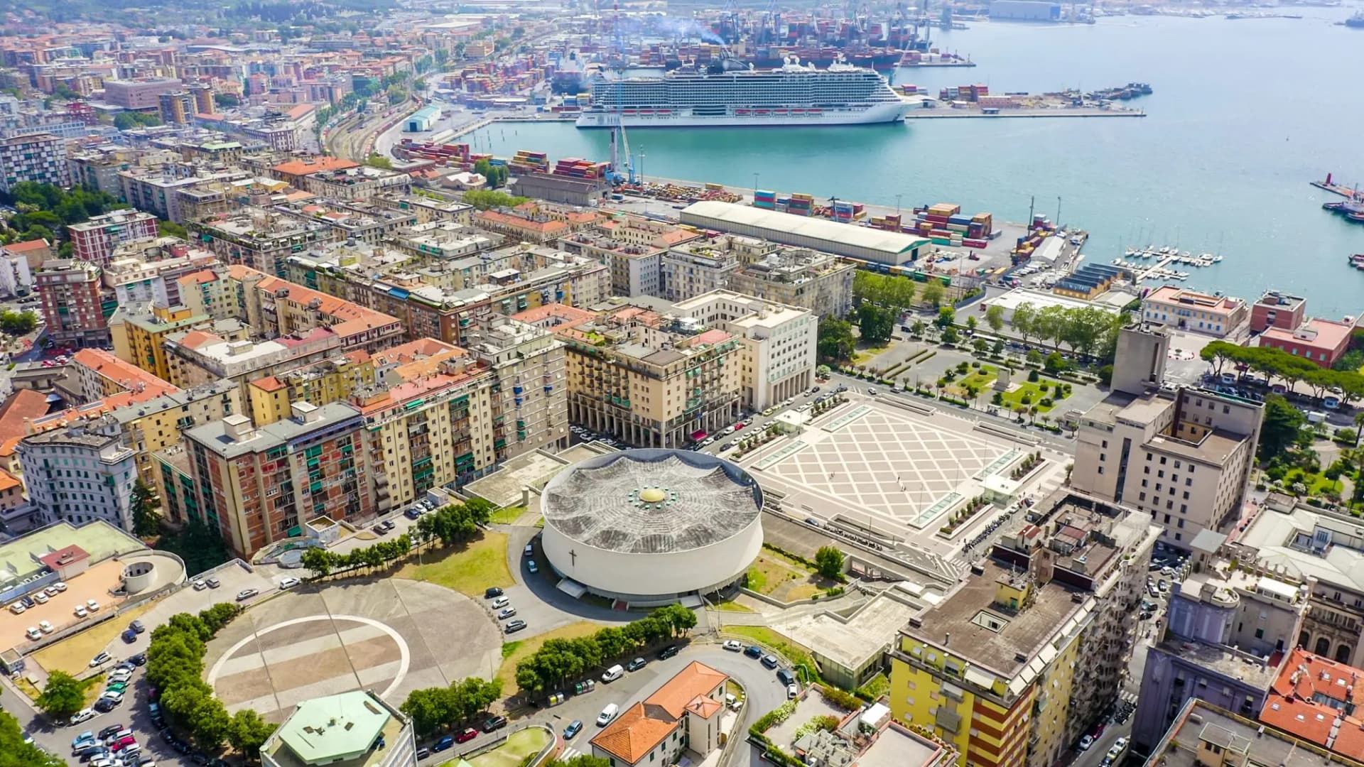 La Spezia, Italy. Cathedral of Christ the King. City view, Aerial View