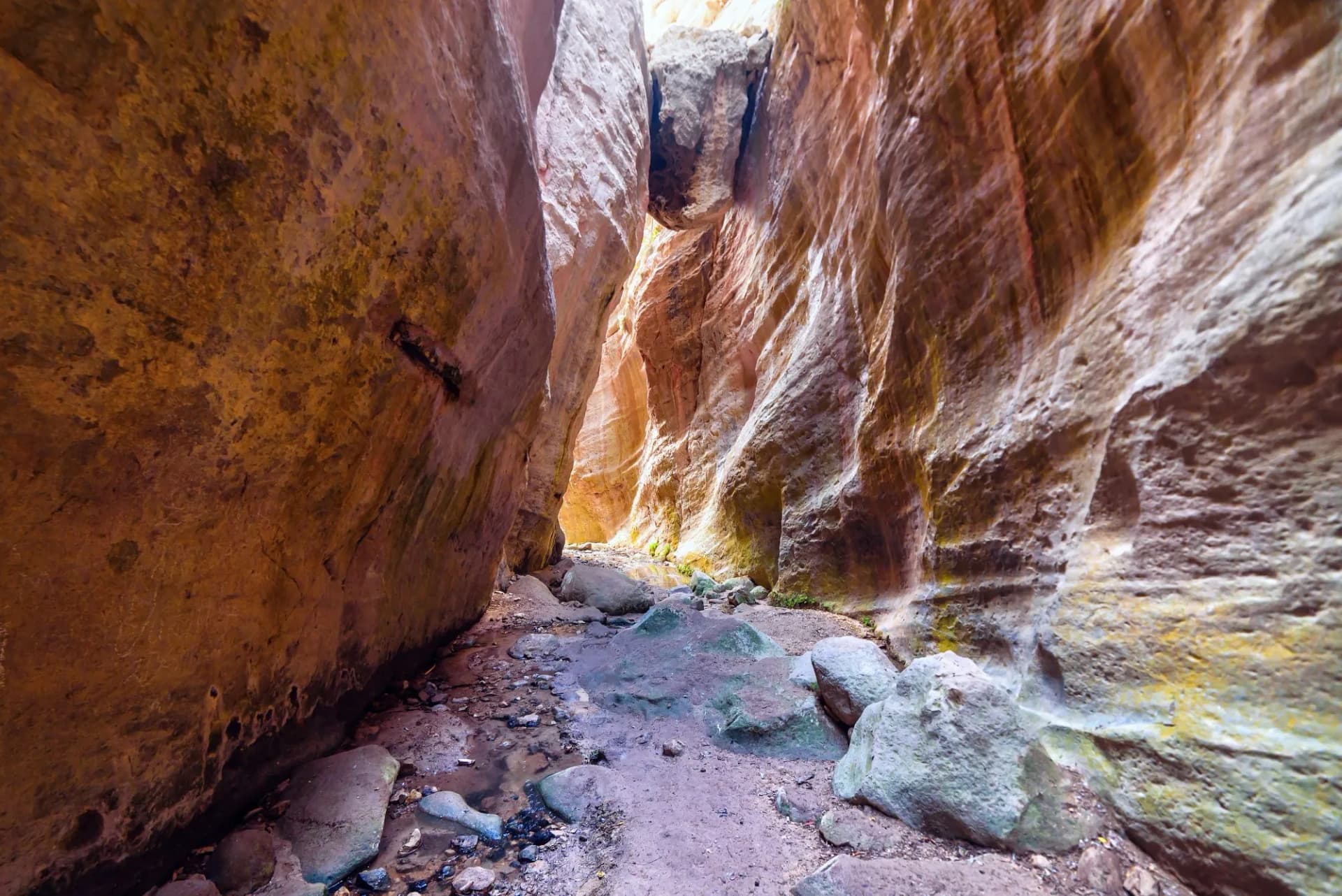 Sunlit multicolored rocks of Avakas canyon