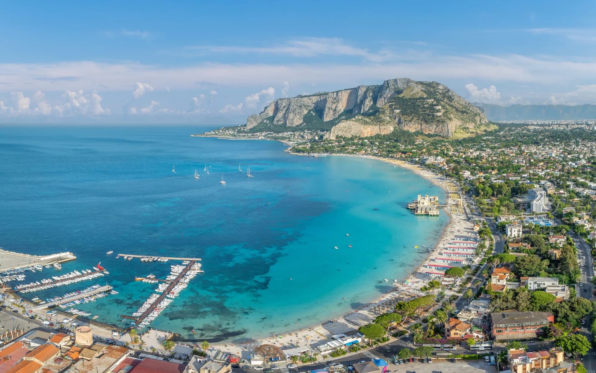Stunning beauty of Mondello Beach in Palermo, Sicily, with its turquoise waters, sandy shores, and picturesque landscapes.