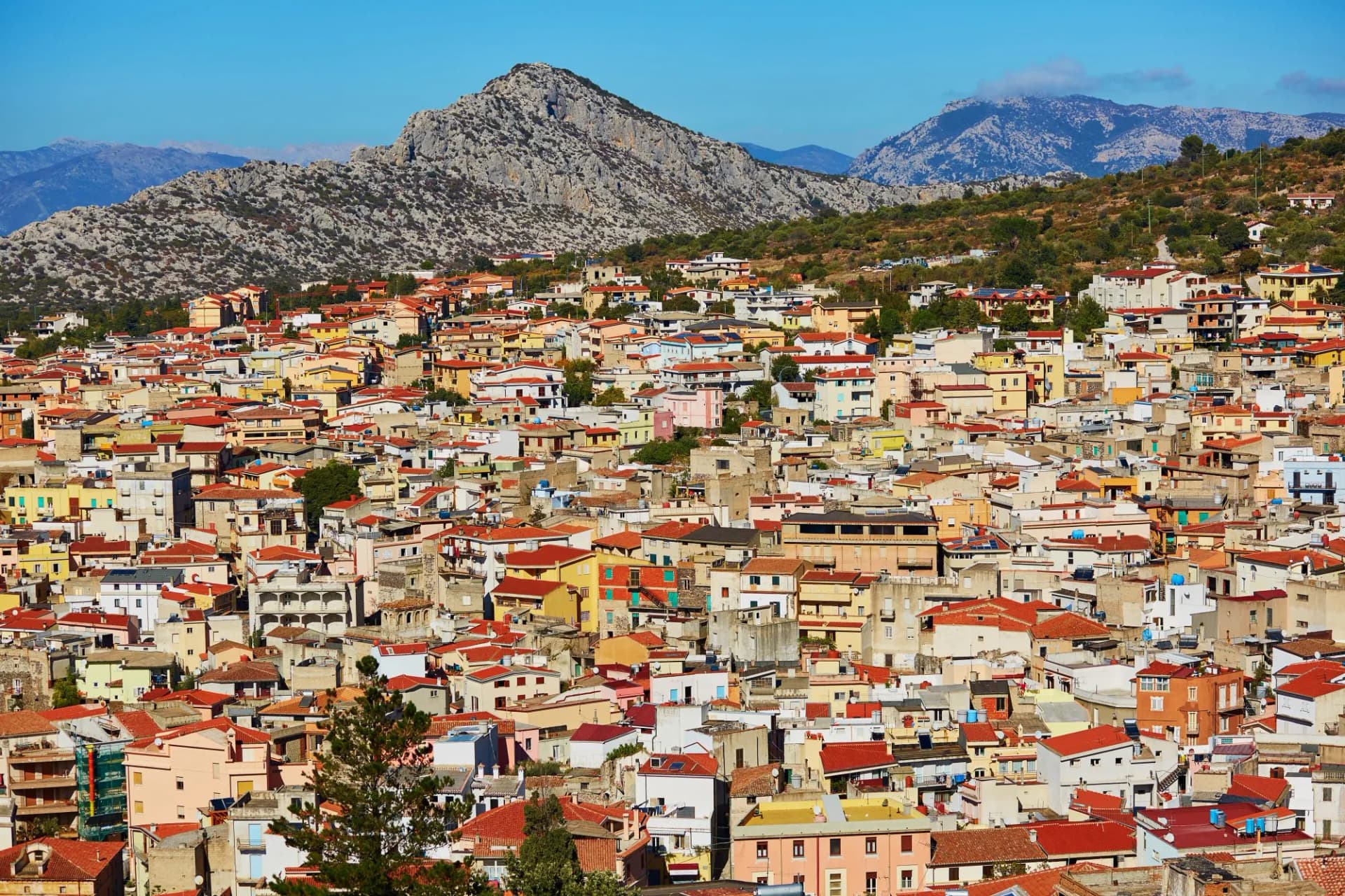 Aerial view of colorful houses in Dorgali, Sardinia, Italy