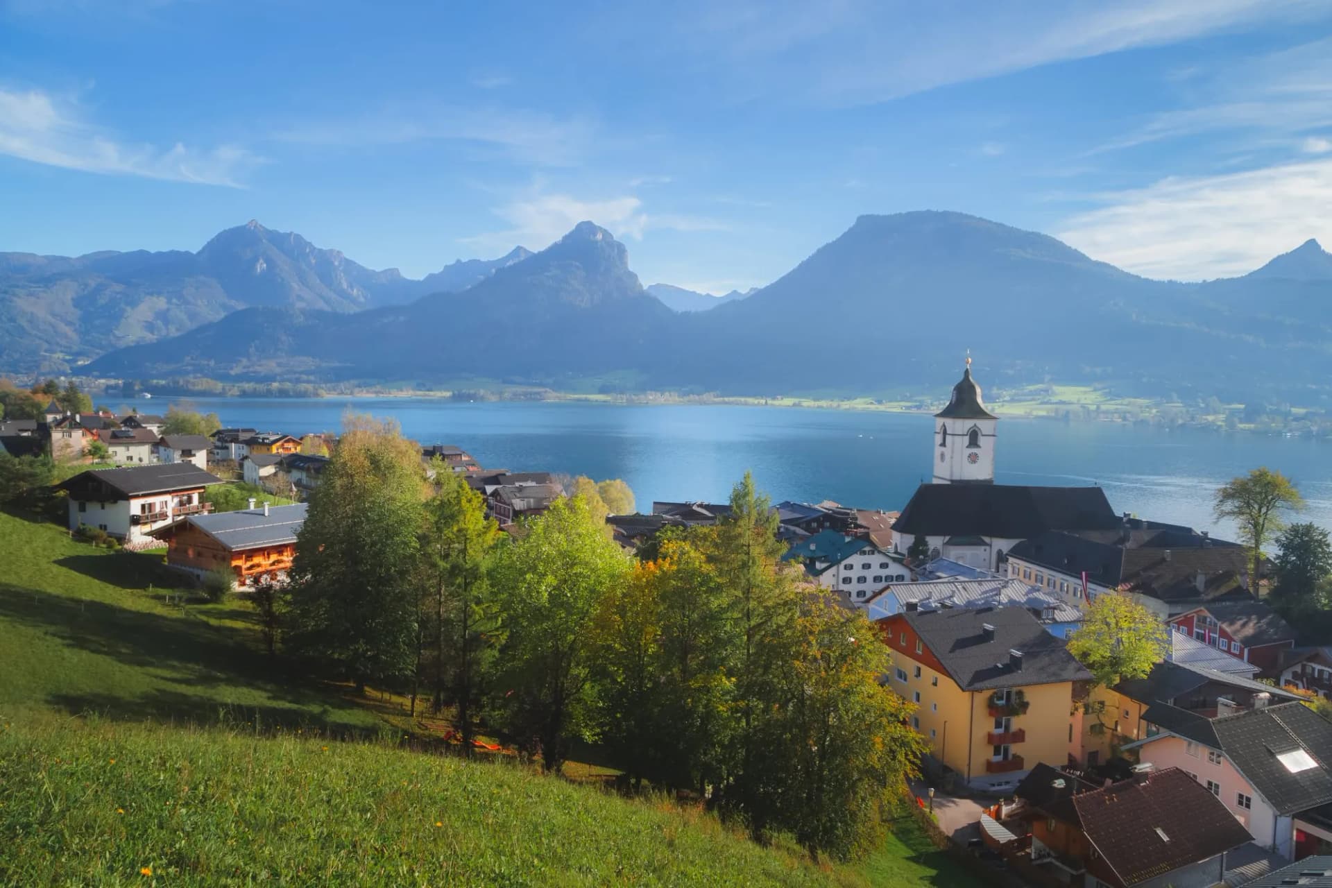Scenic mountain lake view of the charming lakefront town St. Wolfgang im Salzkammergut in the Dachstein alps range in Austria.