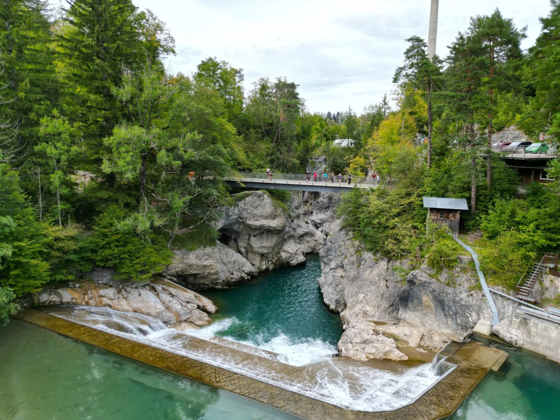 Lechfall Fussen Germany stepped waterfall drone aerial view
