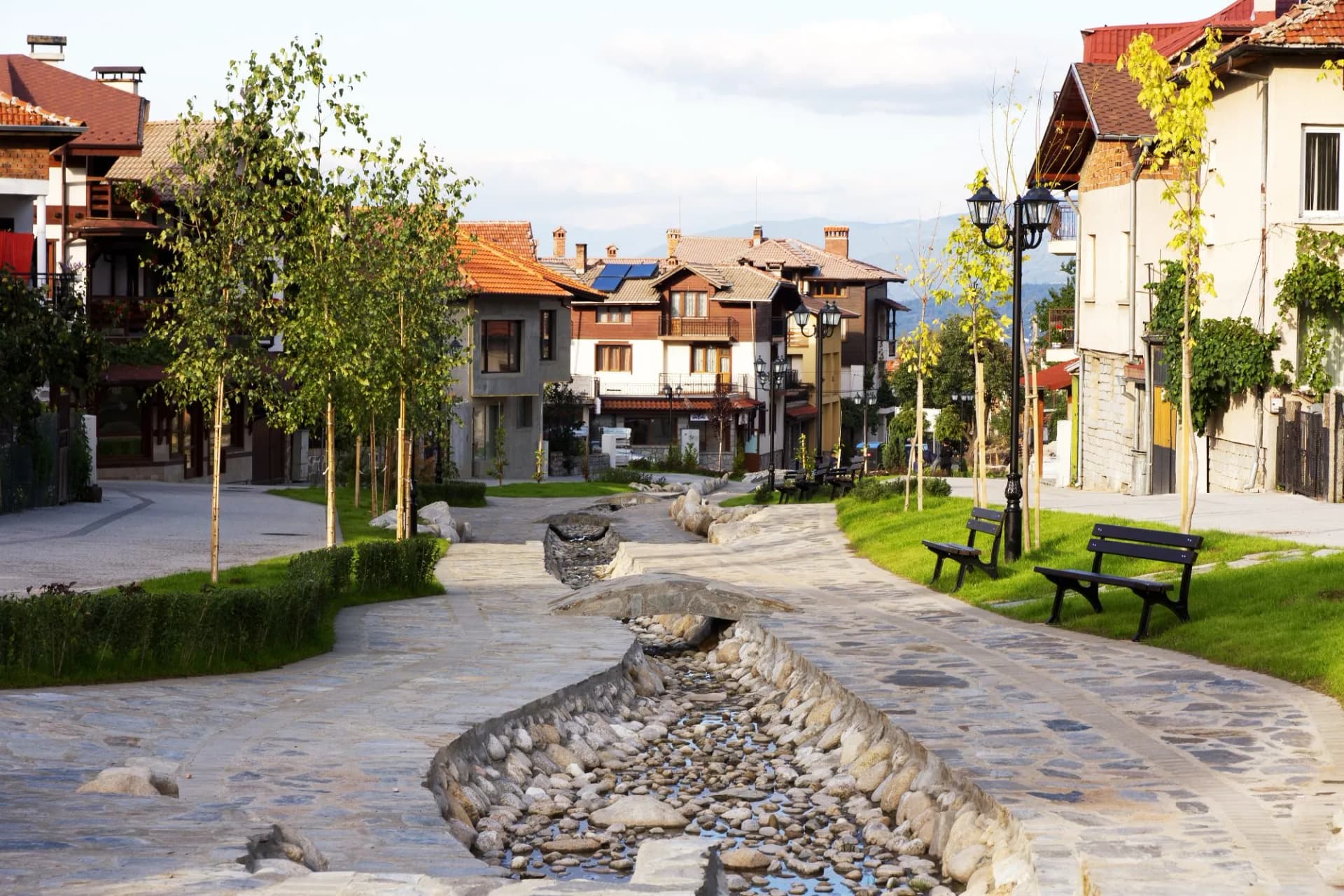 Street and mountain view in Bansko, Bulgaria