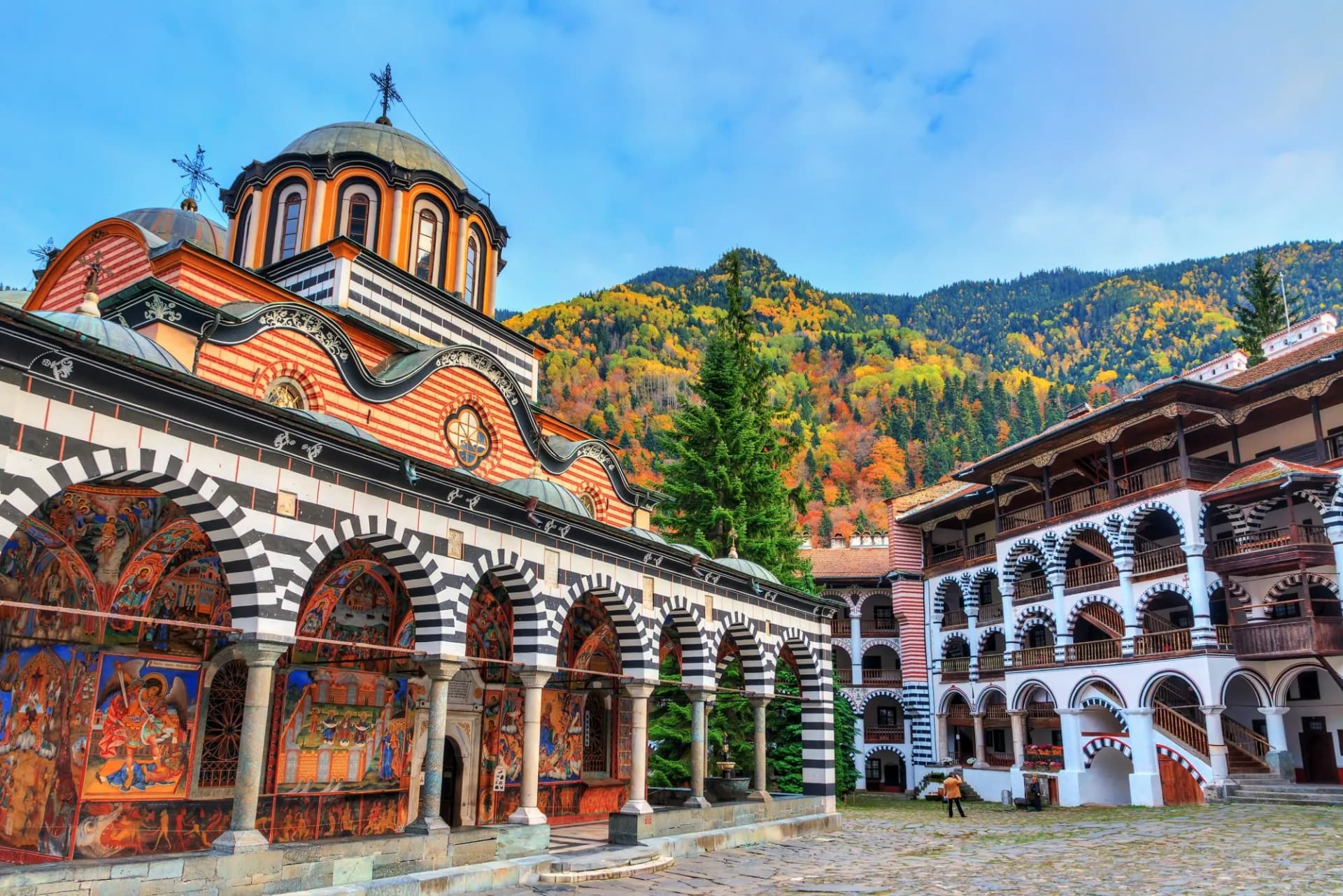Beautiful view of the Orthodox Rila Monastery, a famous tourist attraction and cultural heritage monument in the Rila Nature Park mountains in Bulgaria