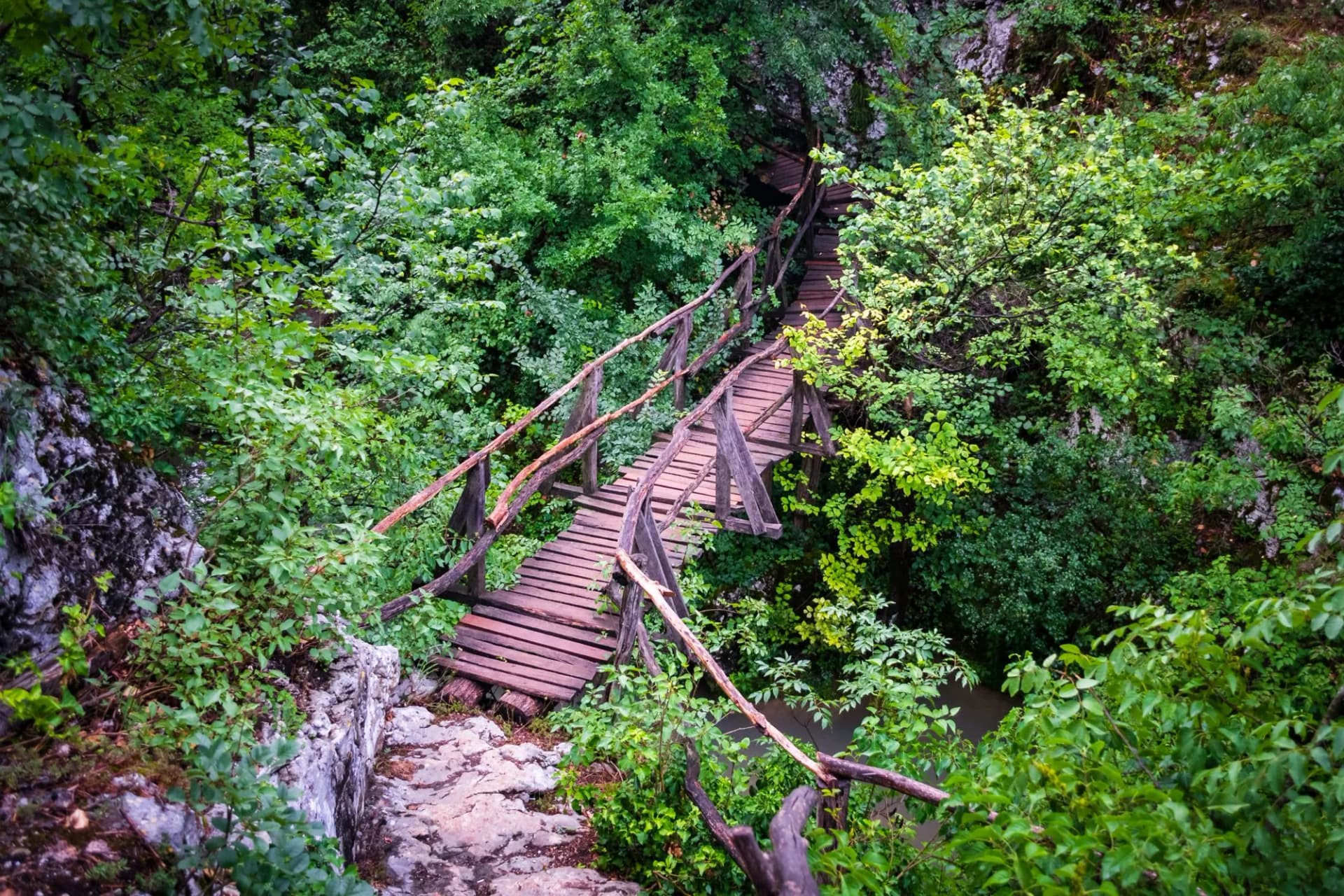 Wooden bridge at Ekopateka Hotnitsa, Bulgaria. This ecotrail crosses Bohot river several times, near Hotnitsa village, in the province Veliko Tarnovo.