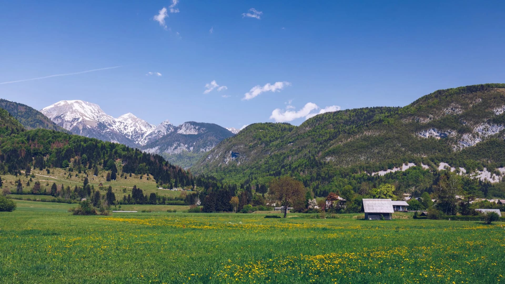 Colorful summer on the Stara Fuzina village in Triglav national park Slovenia, Julian Alps, Europe.